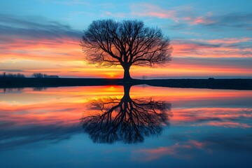 Wall Mural - Serene Sunset Reflection: A Majestic Tree Silhouetted Against a Colorful Sky