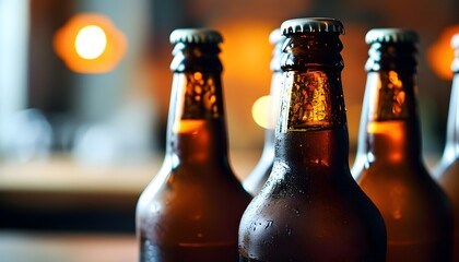 Wall Mural - Frosty amber beer bottles with condensation glistening in closeup detail