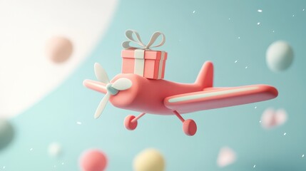 Wall Mural - A cartoon red airplane with a gift box flying over pastel colored spheres.