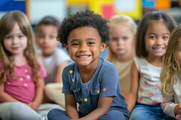 Sticker - A group of children are sitting in a circle and smiling. The children are of different ages and races, but they all seem to be enjoying each other's company