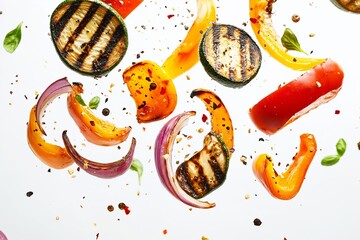 Poster - A close up of a plate of grilled vegetables including peppers, onions, and zucchini. The vegetables are scattered across the plate and some are even flying off the plate