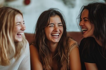 Wall Mural - Three women are laughing and smiling at the camera. They are all wearing different colored shirts and are sitting on a couch. Scene is happy and lighthearted