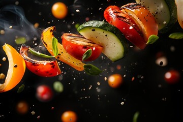 Poster - A close up of a skewer of vegetables with a lot of pepper and basil. The vegetables are in the air and the background is black