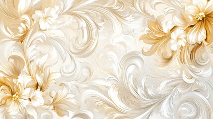 Canvas Print - Abstract floral pattern with swirling lines in gold and white.