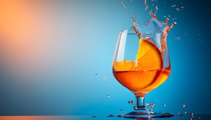 Dynamic splash of orange liquid in mid-air against a vibrant blue gradient backdrop