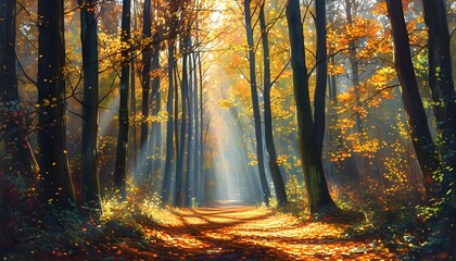 Sunlit forest path adorned with autumn leaves, creating a tranquil and inviting ambience among towering trees.