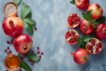 Poster - Fresh Pomegranates and Apples with Juice on a Textured Background