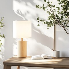 Wall Mural - A wooden lamp with a white lampshade sits on a wooden desk with a book and greenery in the background.