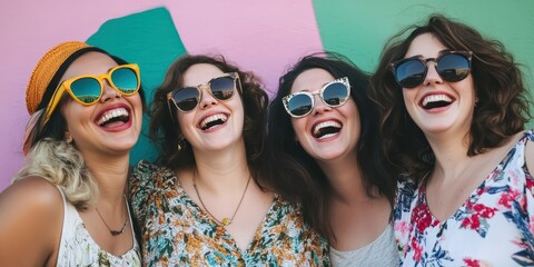 Canvas Print - Four women wearing sunglasses and smiling brightly.