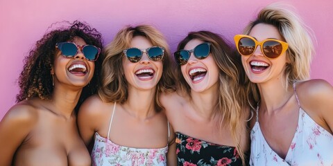 Canvas Print - Four women wearing sunglasses and smiling brightly.