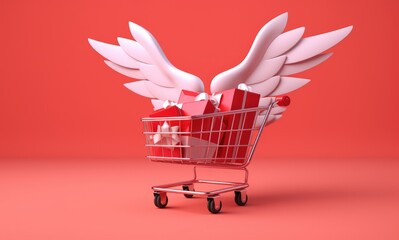 Poster - A shopping cart full of gifts with wings flying on a red background.