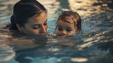 Wall Mural - Generative AI Image Beautiful Mother with Child Swimming Pool with Smile Happy Expression