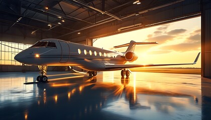 Wall Mural - Luxurious private jet illuminated by golden sunrise in an elegant hangar, showcasing sophistication and wealth