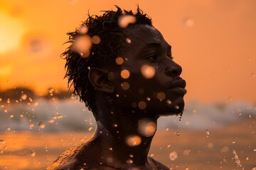 Wall Mural - Serene Sunset Reflection: A Young Man in the Ocean's Embrace