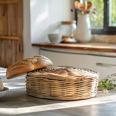 A beautifully woven basket made from natural materials, perfect for holding bread. warm sunlight enhances inviting atmosphere of kitchen, creating cozy and homey feel