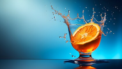 Dynamic splash of orange liquid in mid-air against a vibrant blue gradient backdrop