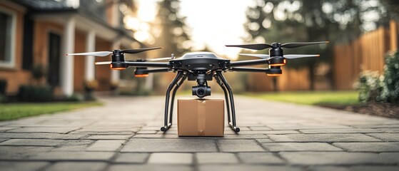 Drone delivering a package of fresh groceries to a doorstep, food delivery, technology in food distribution