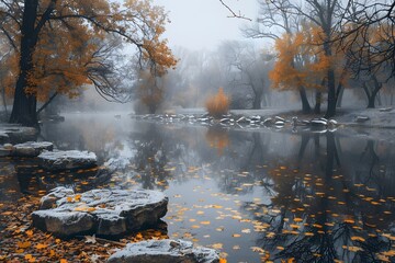 Wall Mural - Tranquil Autumn Reflections by a Misty River