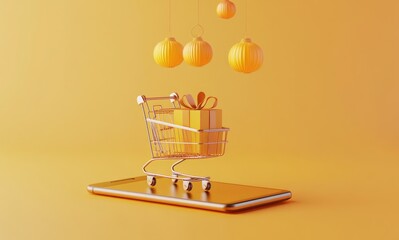 Poster - A miniature shopping cart with a wrapped gift inside is on a smartphone against a yellow background with baubles hanging above.