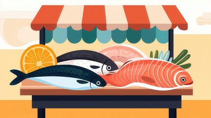 Fresh fish market stall, seafood display, flat design illustration