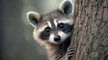 Canvas Print - A raccoon peeking out from behind a tree trunk, AI