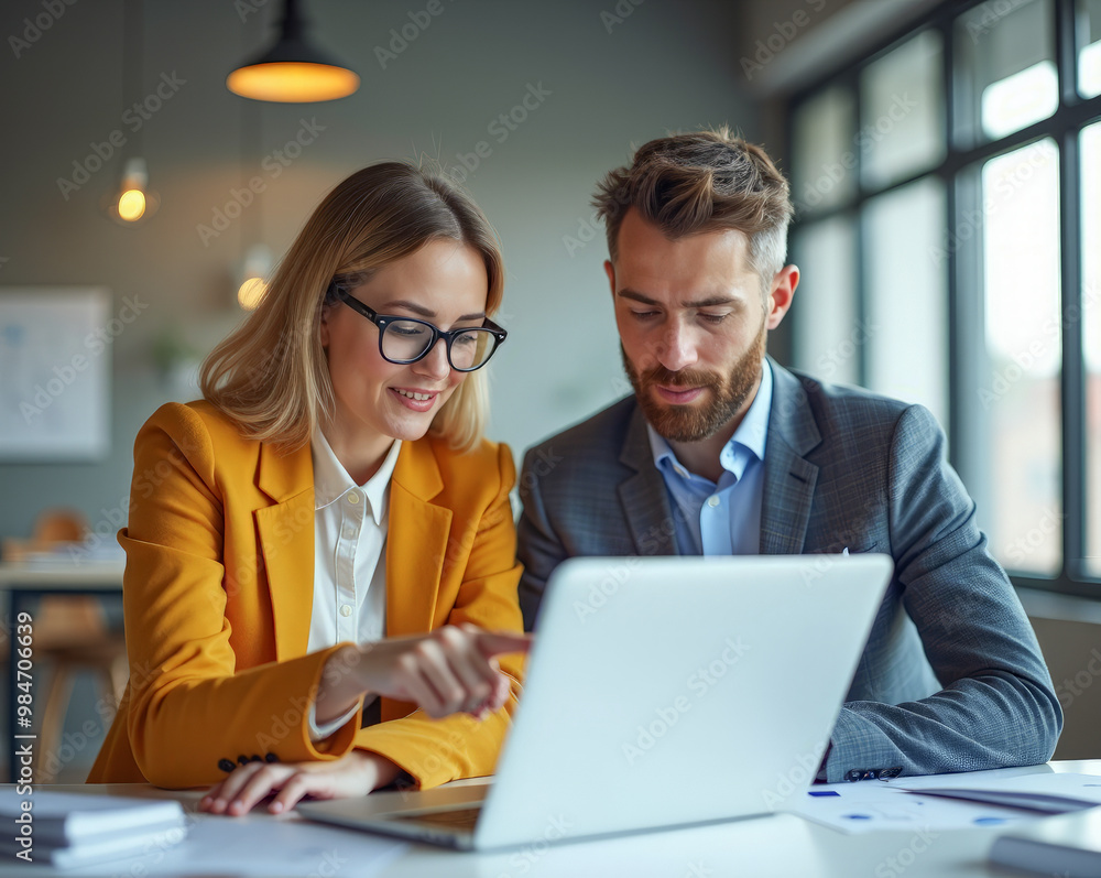 two colleagues at work in a stylish office are discussing in front of a laptop screen