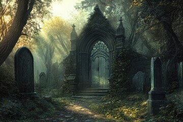 Canvas Print - A Stone Archway Leading into a Foggy Forest Cemetery