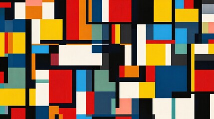 Canvas Print - Abstract geometric pattern of colorful rectangles and squares with black lines, on a textured background.