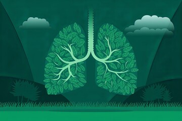 Human lung in the shape of a tree, green background, concept of environment, clean air and environmental preservation.