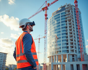 A construction engineer on a construction site wearing virtual reality glasses