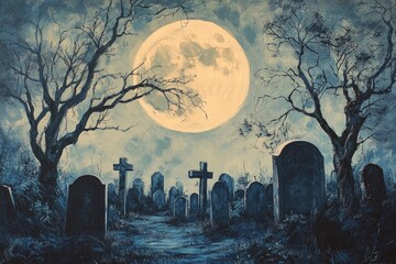 Sticker - A Nighttime View of a Graveyard Under a Full Moon