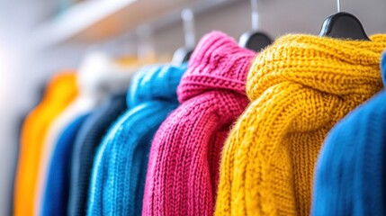 Wall Mural - A row of colorful sweaters hanging on a rack in the store, AI