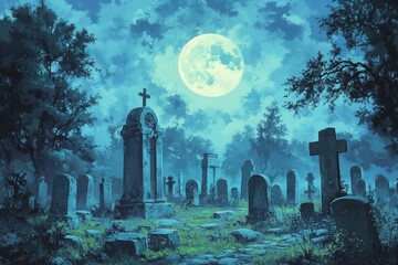 Sticker - A Cemetery Under a Full Moon at Night