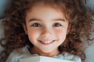 Curly haired young girl smiling at dentist after examination