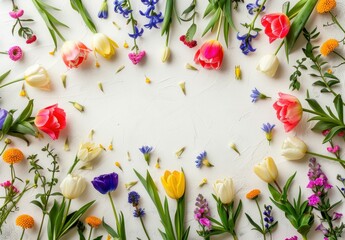 Wall Mural - Colorful flowers arranged in a circular pattern on a light background