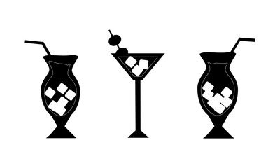 Set of black and white glasses with summer cocktails, refreshing cool alcoholic and non-alcoholic drinks with ice - vector flat illustration, icons