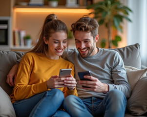 a married couple friends on the couch on the phone are choosing browsing shopping discussing