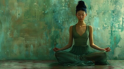 Serene Korean woman sitting gracefully with closed eyes in meditation against a soft pastel green background.