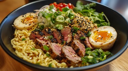 A bowl of ramen noodles with sliced grilled beef, two soft boiled eggs, green onions, sesame seeds and a side of red pepper.