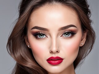 A close-up portrait of a woman with glamorous makeup and wavy hair.