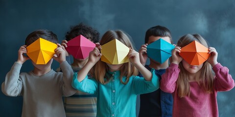 A group of children wearing paper masks. The children are wearing different colored masks, and they are all standing close together. Concept of fun and playfulness