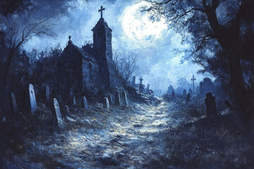 Poster - A Moonlight Path Leading Through A Graveyard To A Church