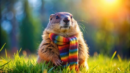 Wall Mural - Groundhog wearing a colorful scarf enjoying a sunny day, cute, funny, adorable, furry, animal, mammal, winter, sunshine, happy