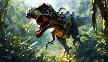 Fierce dinosaur charging through dense vegetation, showcasing sharp teeth and dynamic motion in a vivid prehistoric wilderness