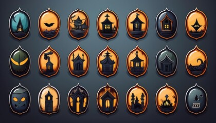 Classic Halloween Icons: A set of simple, flat icons featuring classic Halloween symbols like a pumpkin, ghost, bat, witch hat, black cat, and spider.