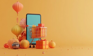 Wall Mural - Smartphone with shopping cart full of gifts,  surrounded by lanterns and presents, on a yellow background.