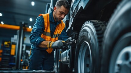 Truck maintenance tips, with a mechanic working on the engine, changing oil, and checking the tires in a garage