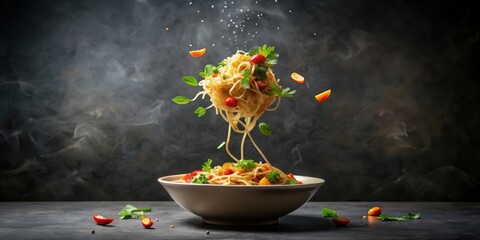 Instant noodles with sauce and vegetables floating in the air on a dark background, instant noodle, sauce, vegetables, flying, air