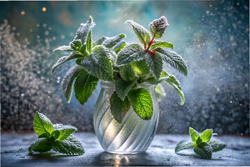 A vase of mint leaves sits on a table. The leaves are covered in frost, giving the impression of a winter scene