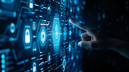 A hand pointing at an interactive screen displaying various digital data and cyber security symbols, representing the concept of advanced AI technology in business office environment. 